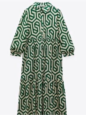 Zara Green and Cream Geometric Maxi Dress